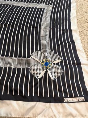 Dior Cream and Navy Silk Scarf with Branded Tag